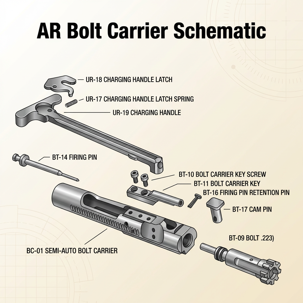 AR bolt carrier schematic showing common bolt carrier group components labeled for identification